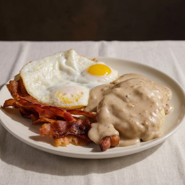A breakfast plate with two fried eggs, crispy bacon, and biscuits covered in gravy.