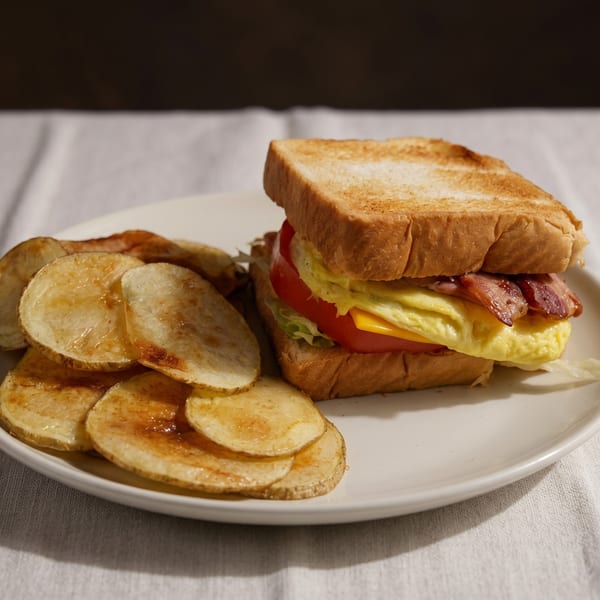 A toasted breakfast sandwich with bacon, egg, cheese, tomato, and lettuce, served with potato chips.