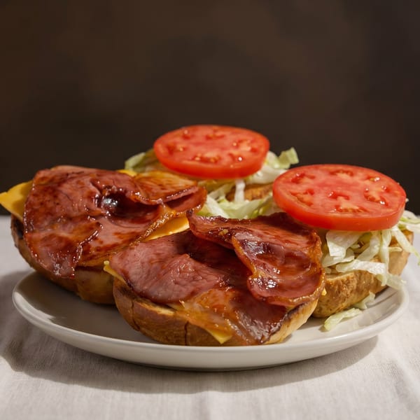 Two open-faced sandwiches with pastrami, melted cheese, shredded lettuce, and sliced tomatoes on a white plate.