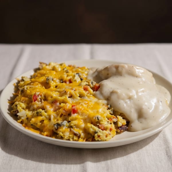 A plate of cheesy scrambled eggs with red peppers and a side of biscuits and gravy.