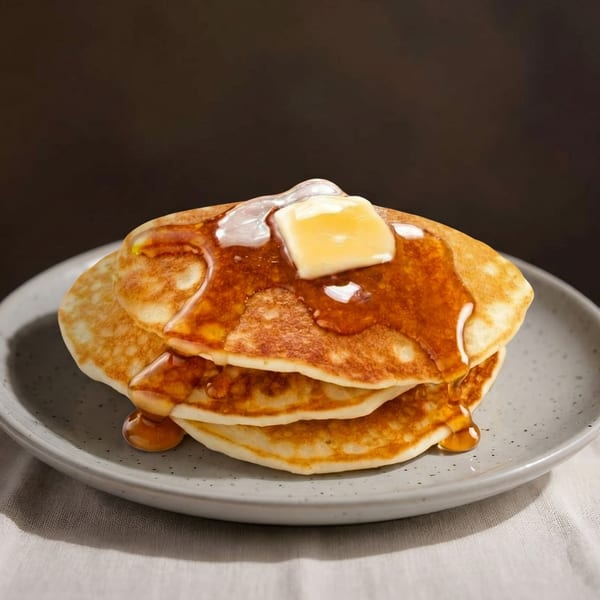 Stack of golden pancakes with melting butter and maple syrup on a gray plate.