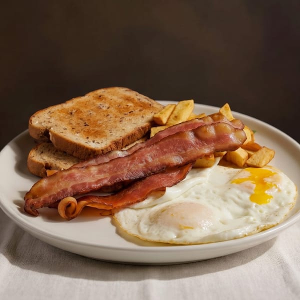 A full English breakfast with bacon, fried eggs, toast, and chips on a white plate.