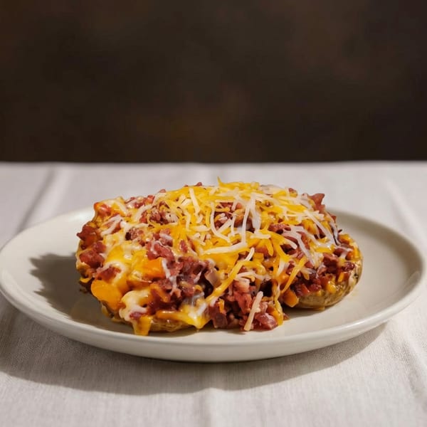 A loaded baked potato with melted cheddar and mozzarella cheese, and bacon bits on a white plate.