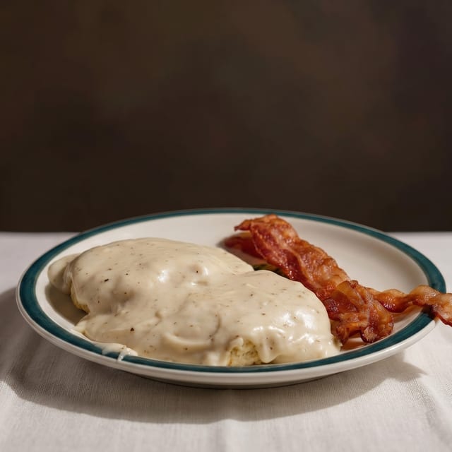 Two Biscuits & Gravy, 2 Eggs, Sausage, or Bacon.