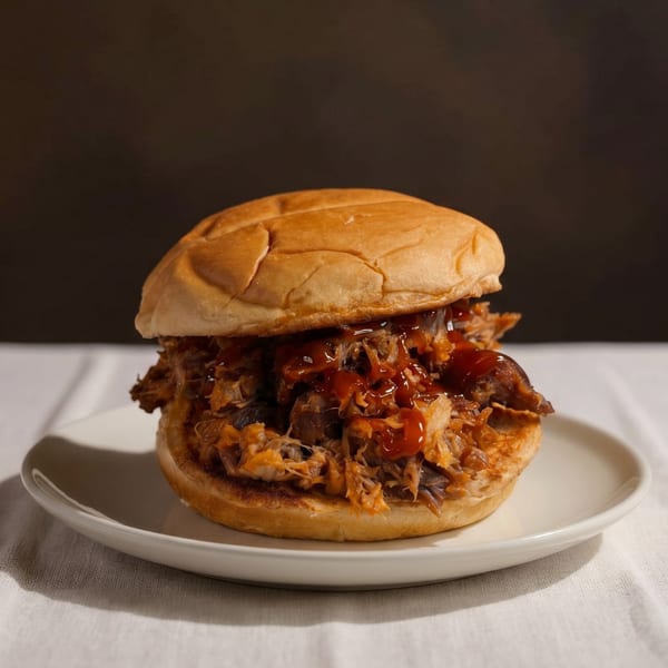 A pulled pork sandwich with barbecue sauce on a white plate and tablecloth.