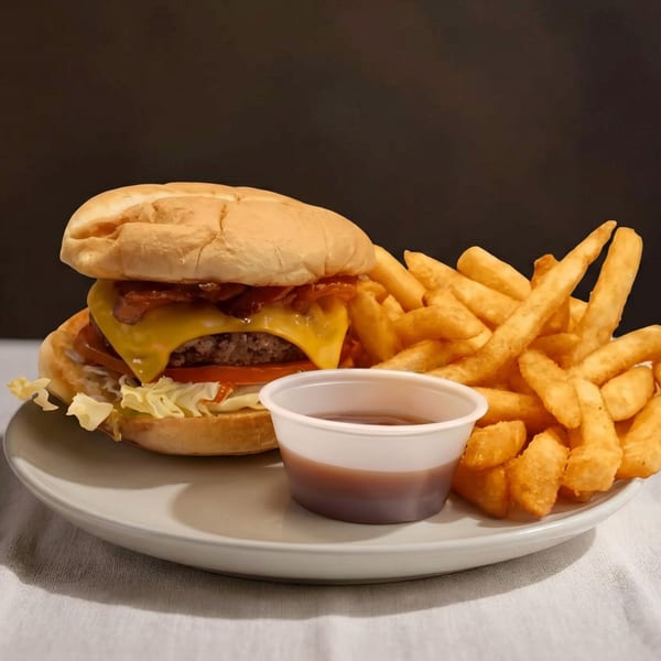 A cheeseburger with bacon, lettuce, and tomato, served with fries and dipping sauce.