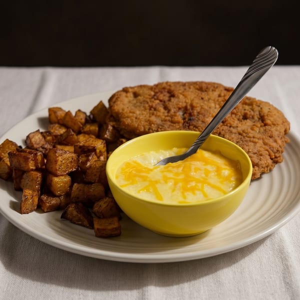 A plate of chicken fried steak, roasted potatoes, and a yellow bowl of cheesy grits with a spoon.