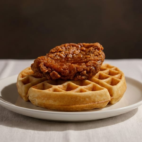 Crispy fried chicken drizzled with syrup, atop a golden waffle on a white plate.