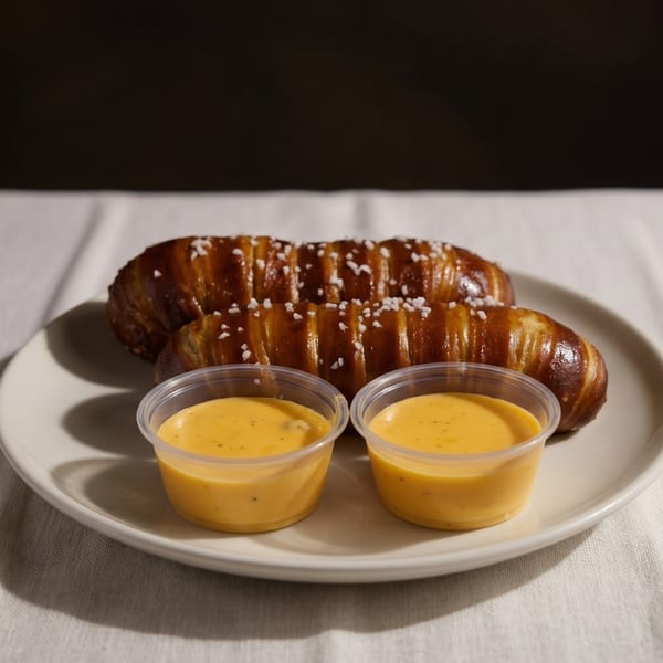 Two salted pretzels and two cups of cheese sauce on a white plate.