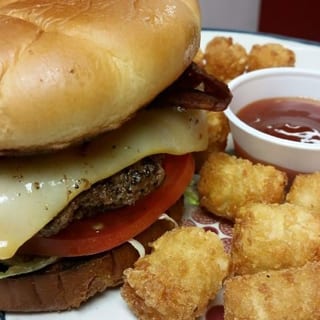BBQ Bacon & Cheese Burger served with fries or tots