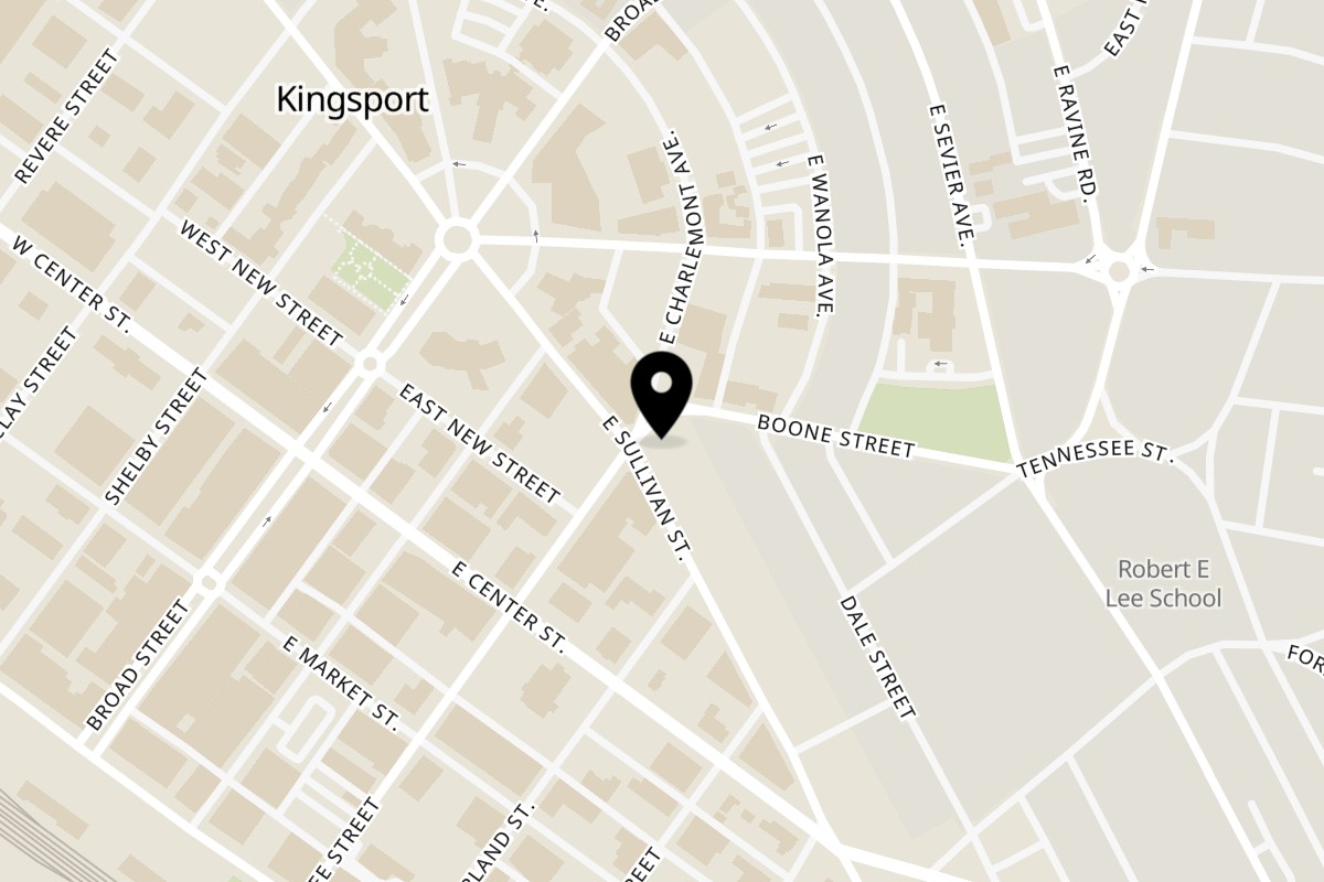 Map showing the location of Two Dads on 301 E Sullivan St in Kingsport